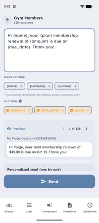 Writing one personalised message for a whole list on Android, with a live preview