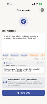 Writing one personalised message for a whole list on iPhone, with a live preview